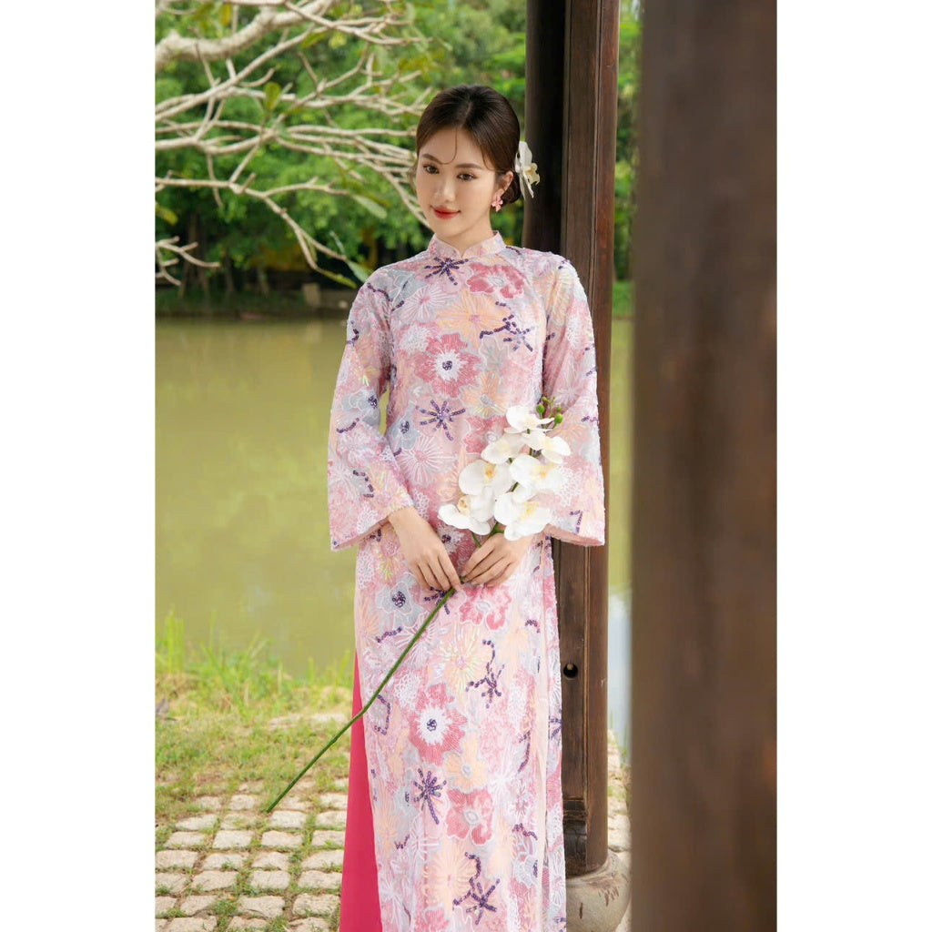 [PRE-ORDER] Kim Chau silk woven Ao Dai, high quality embossed silk with floral pattern, with pants