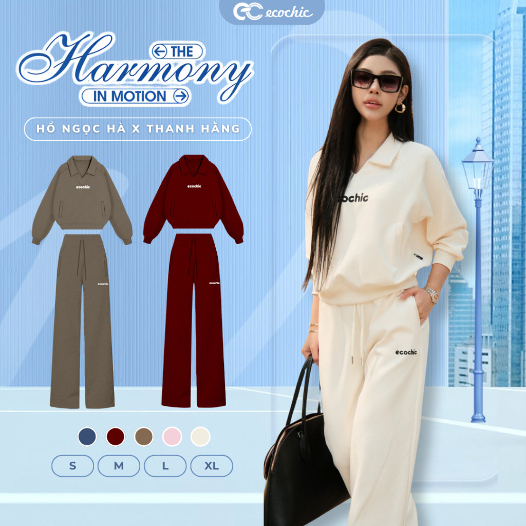 Set Bộ Nỉ Mịn ECOCHIC REFINED EASE Áo Cổ V Polo Ngực Túi Đựng Quần Suông Cao Cấp Chính Hãng HNH B207