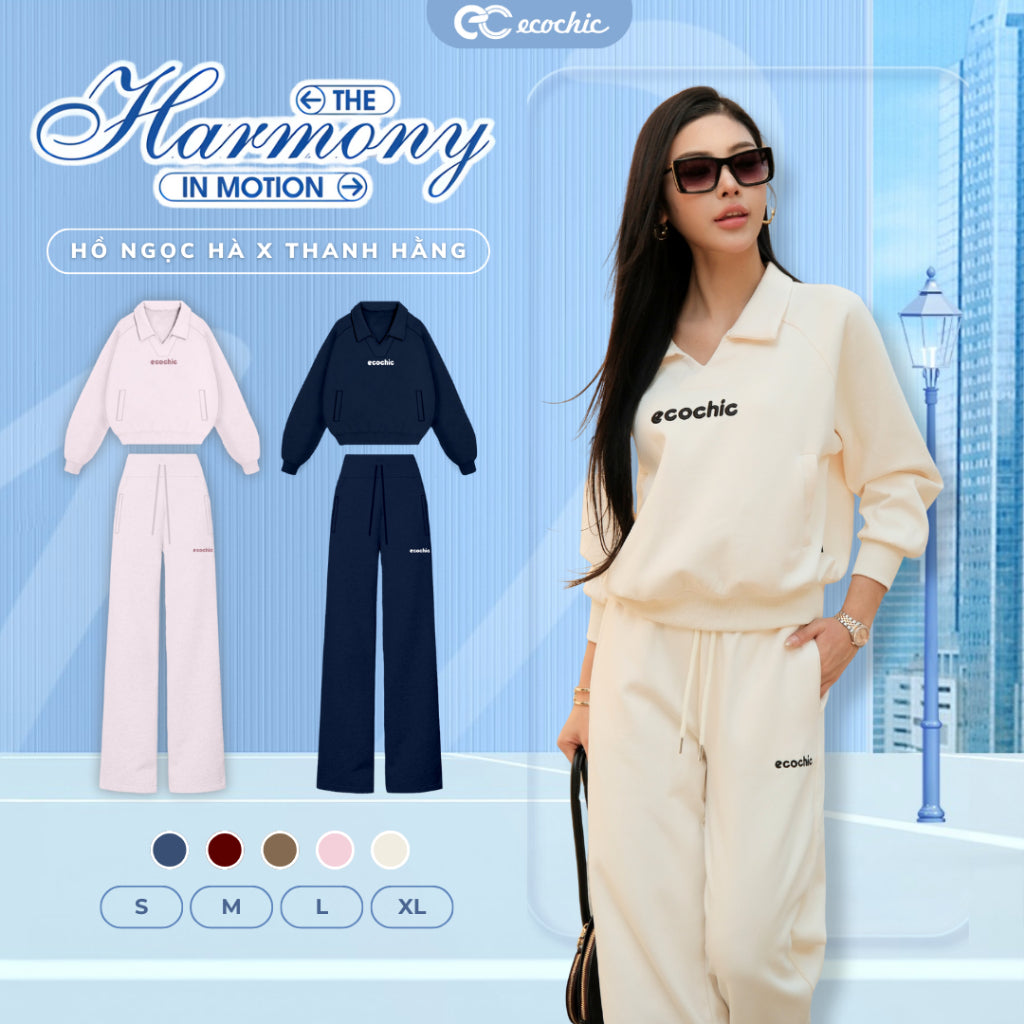 Set Bộ Nỉ Mịn ECOCHIC REFINED EASE Áo Cổ V Polo Ngực Túi Đựng Quần Suông Cao Cấp Chính Hãng HNH B207