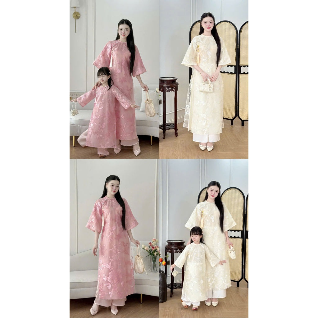 [PRE-ORDER] Mother and child Ao Dai with 4 chiffon panels and floral pattern, with pants