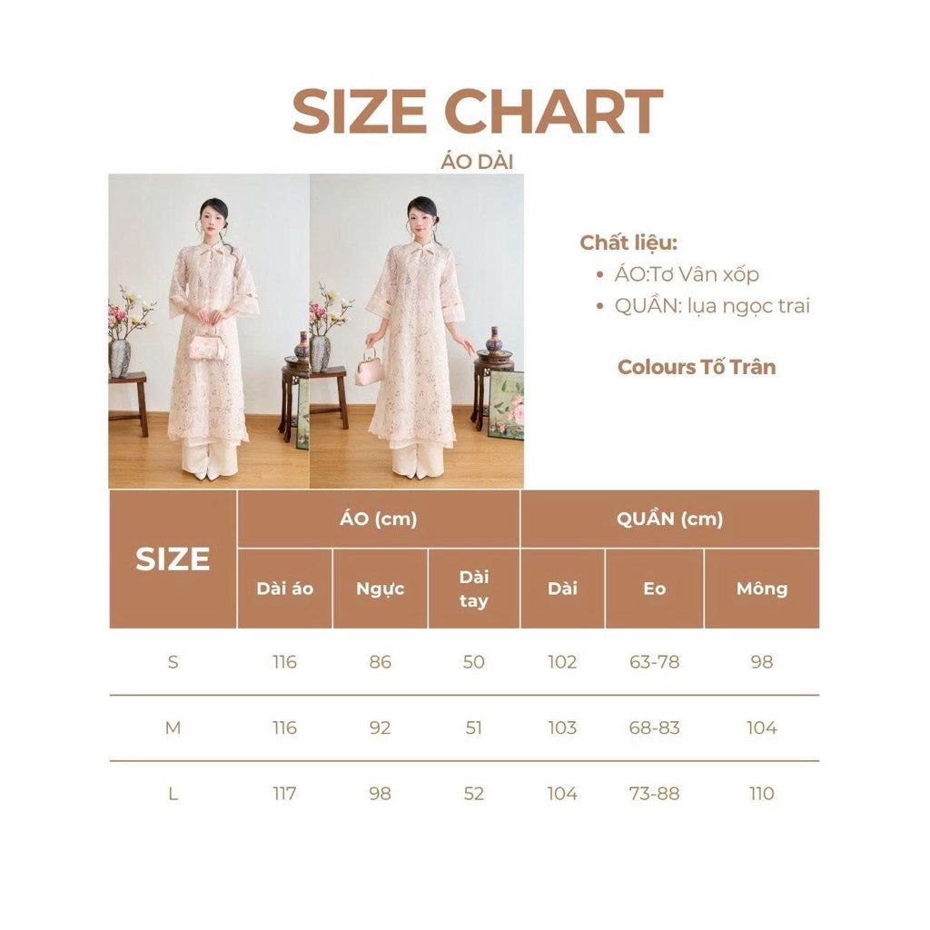 To Tran high-end ao dai set, 4-panel design, straight-cut, silk fabric, sequin, embossed motifs, pearl buttons - SD395 LANADESIGN