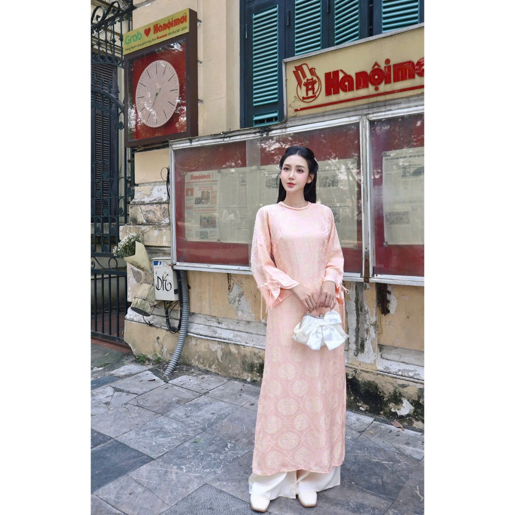 [PRE-ORDER] Thuy Tien Ao Dai in soft silk brocade, round neck, flared sleeves, with pants