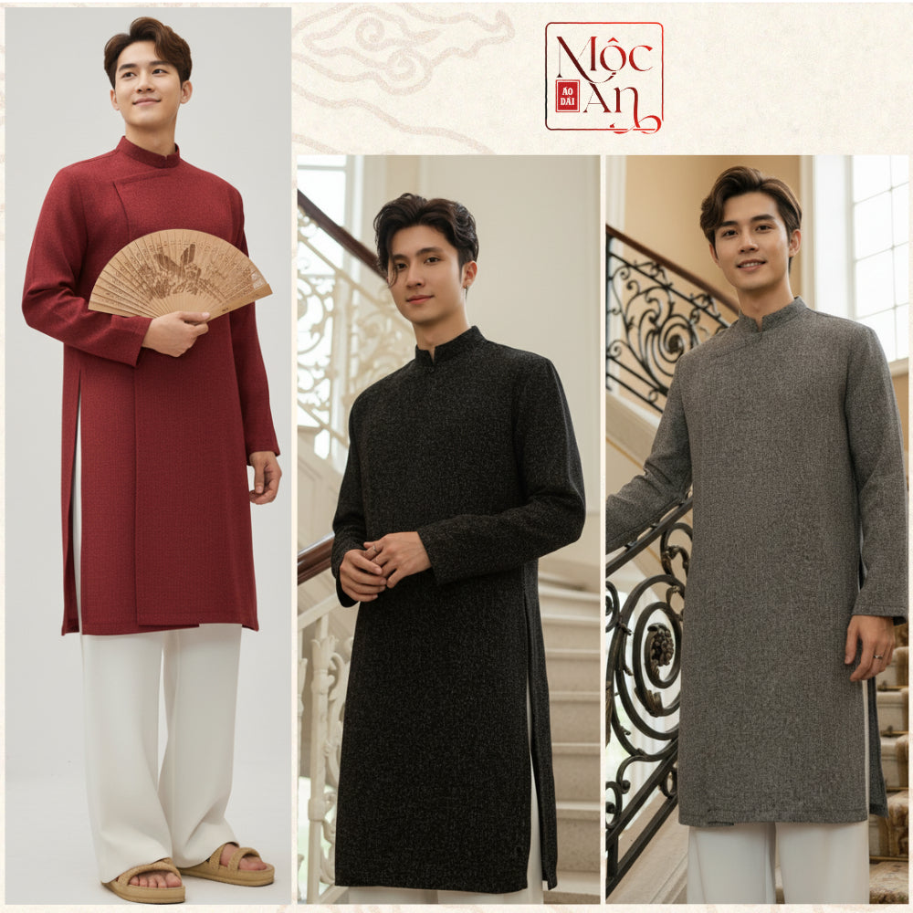 Modernized Men's Ao Dai in Tweed Fabric with Shoulder Pads and Hidden Buttons - Moc An Ao Dai 