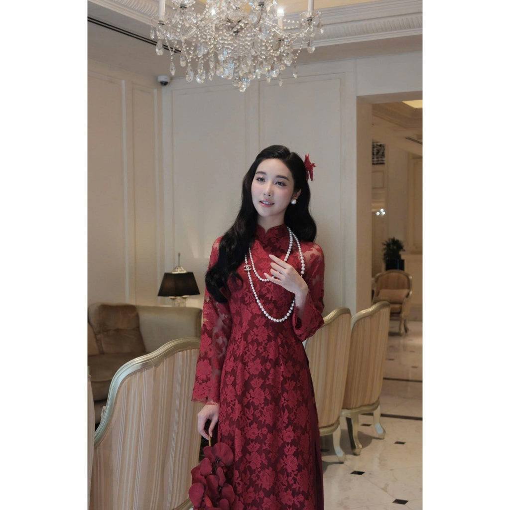 [PRE-ORDER] Traditional Ao Dai with flared sleeves and luxurious lace pattern with pants