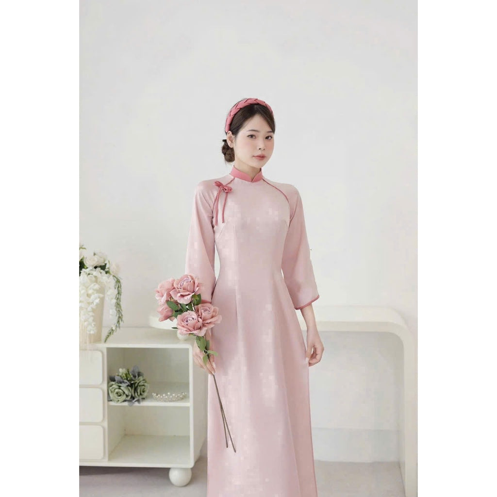 [PRE-ORDER] Traditional pearl silk ao dai with high neck and short sleeves and pants