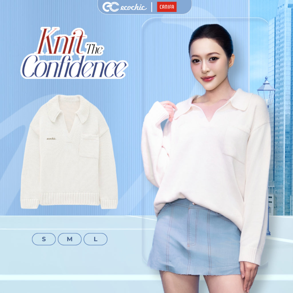 [ECOCHIC x CANIFA] Áo Len Cổ Polo Form Rộng Túi Ngực Logo Thêu Chất Liệu Len Cao Cấp HNH EC06