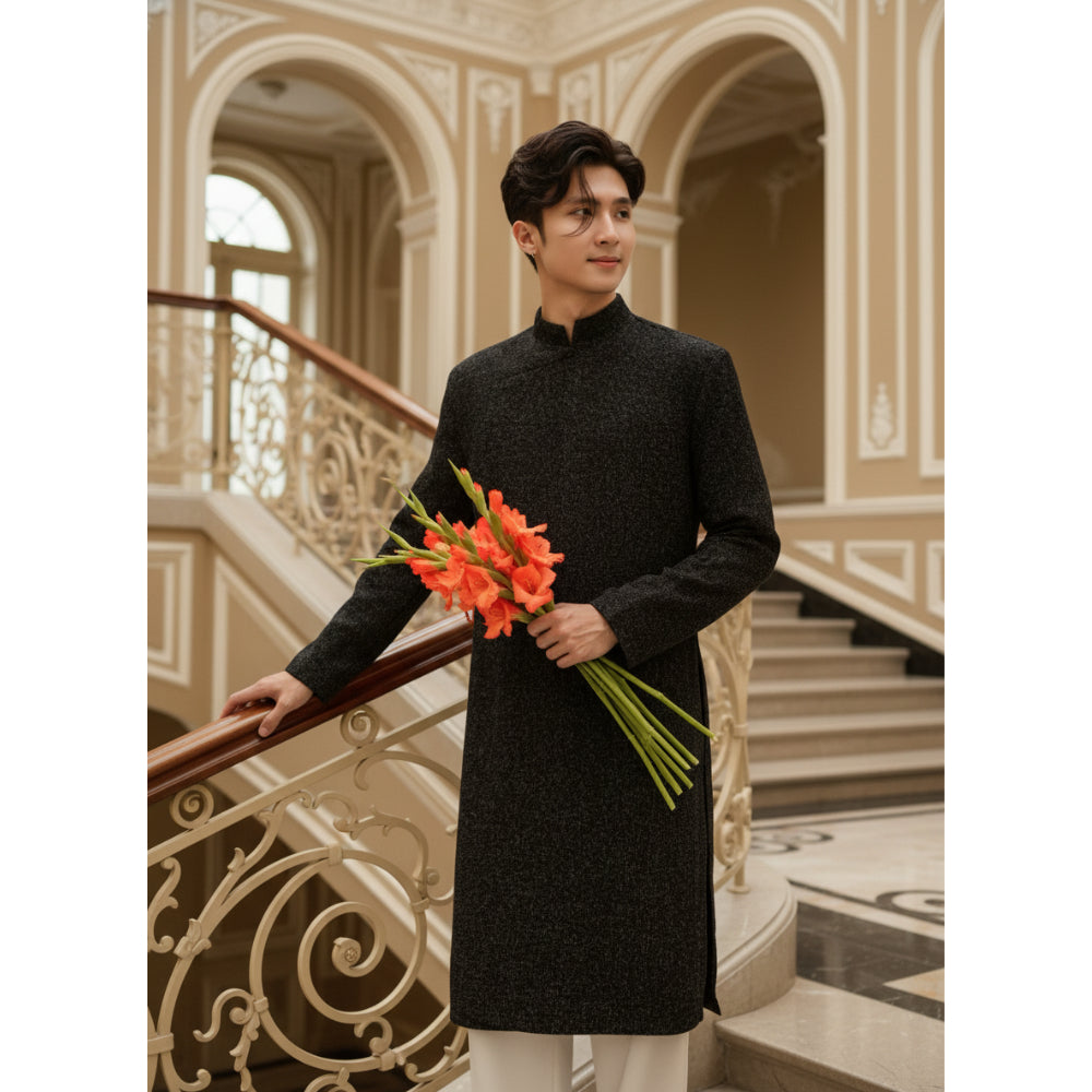 Modernized Men's Ao Dai in Tweed Fabric with Shoulder Pads and Hidden Buttons - Moc An Ao Dai 