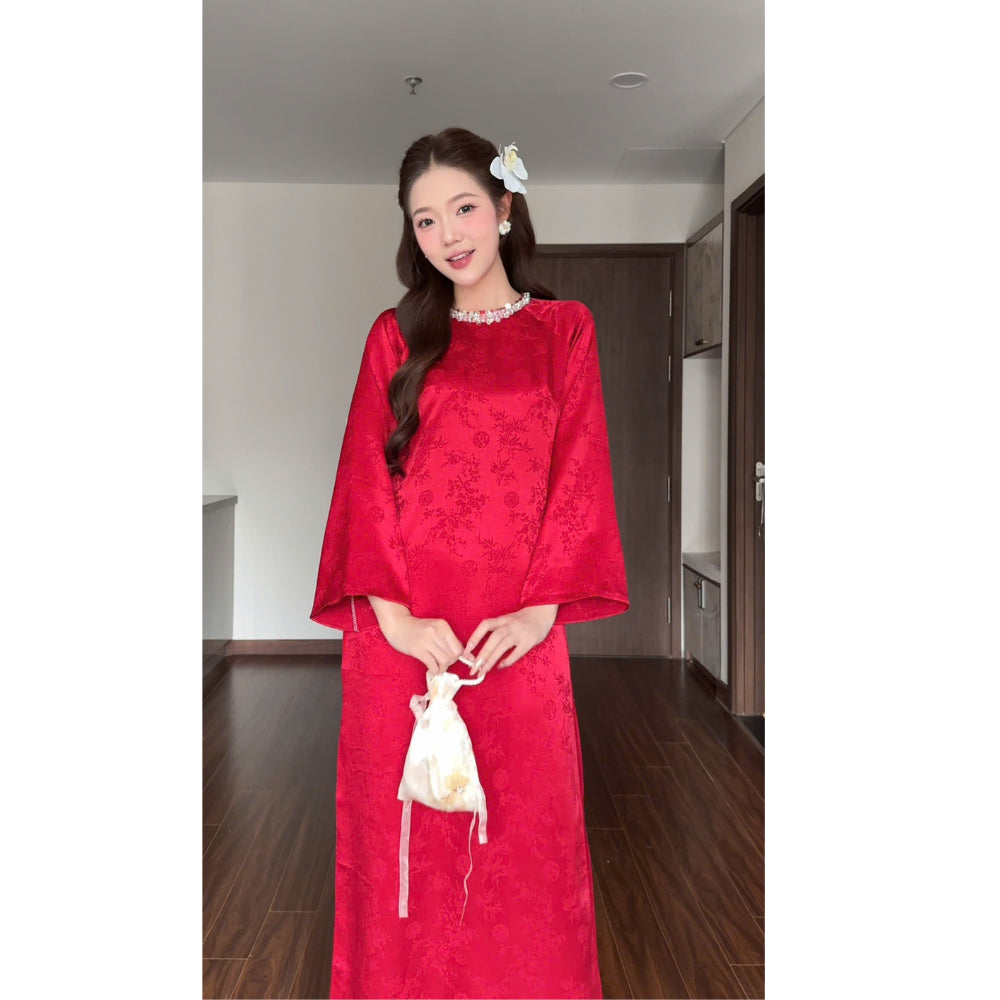 AVAILABLE - Silk Brocade Ao Dai, Loose Fit, Flared Sleeves, Hand-Embellished Collar - Authentic Moc An Ao Dai