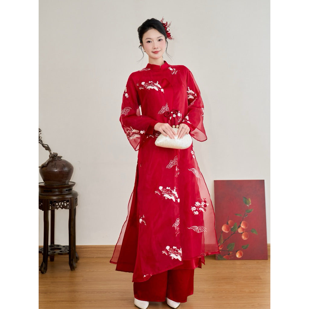 Modernized red Ao Dai dress, Khuynh Sac style, 4 panels of soft silk blend with light, smooth, flowing silk, split hem, and handcrafted pearl buttons - SD441 LANA DESIGN