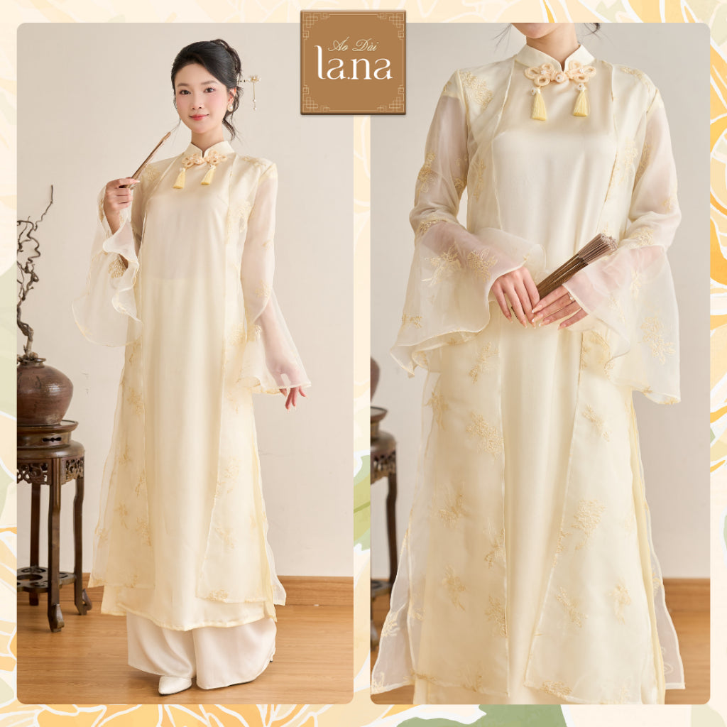 Set áo dài cách tân Thục Huệ lụa mềm phối choàng tơ mịn hoạ tiết thêu vàng nhạt tinh tế  – SD439 LANA DESIGN