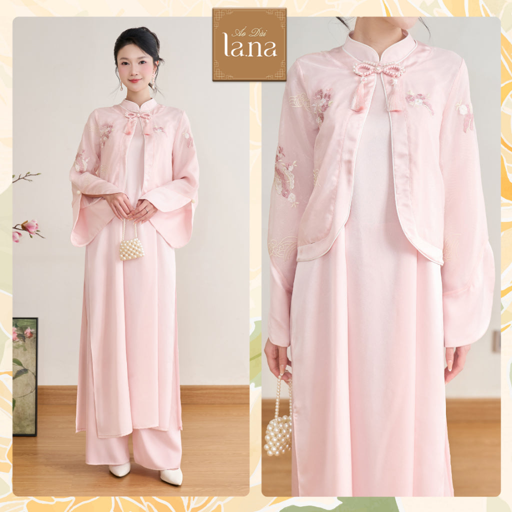 Áo dài cách tân Minh Châu màu hồng tơ mềm hoa nổi mặc hai kiểu áo khoác croptop và yếm lụa mềm mịn - SD444 LANA DESIGN