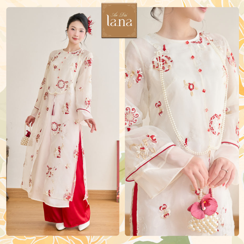 Modernized Ao Dai designed by Kim Phuong in white, made of high-quality silk with embroidered red daffodil floral patterns - SD442 LANA DESIGN