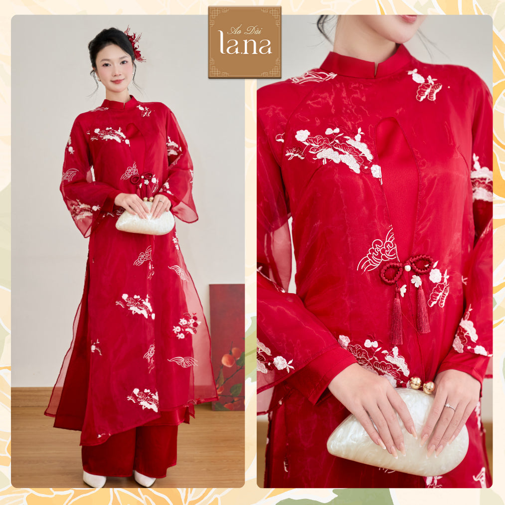 Modernized red Ao Dai dress, Khuynh Sac style, 4 panels of soft silk blend with light, smooth, flowing silk, split hem, and handcrafted pearl buttons - SD441 LANA DESIGN