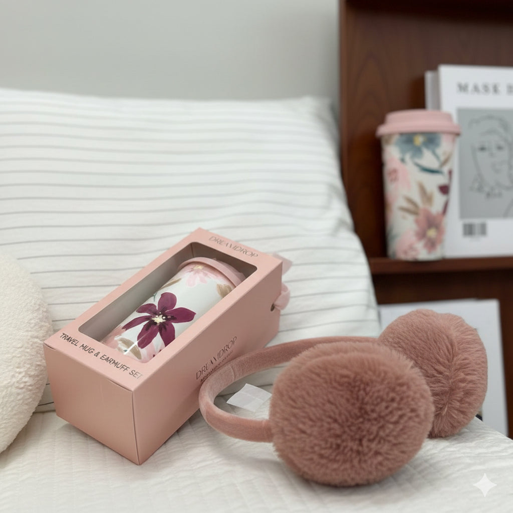 ( Quà tặng ) Set 2 Món Cốc Kèm Nắp Và Chụp Tai Màu Hồng Dream Drop Giữ Ấm Mùa Đông Tiện Lợi A979