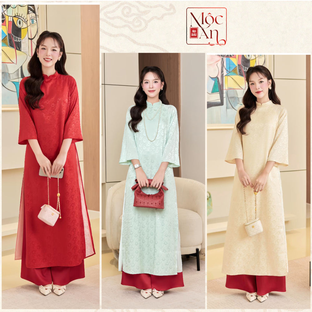 Modernized Ao Dai with Daisy Flower Pattern, Loose Fit, Brocade Fabric, 4-Panel Design, Silk Lining, Flared Sleeves - Moc An Ao Dai 