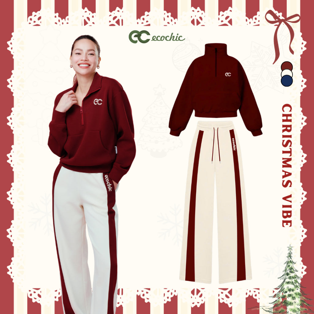 Set Bộ Nỉ Mịn ECOCHIC Khoá Halfzip Cổ Cao Logo Ngực Quần Suông Phối Line Chất Liệu Cao Cấp B197