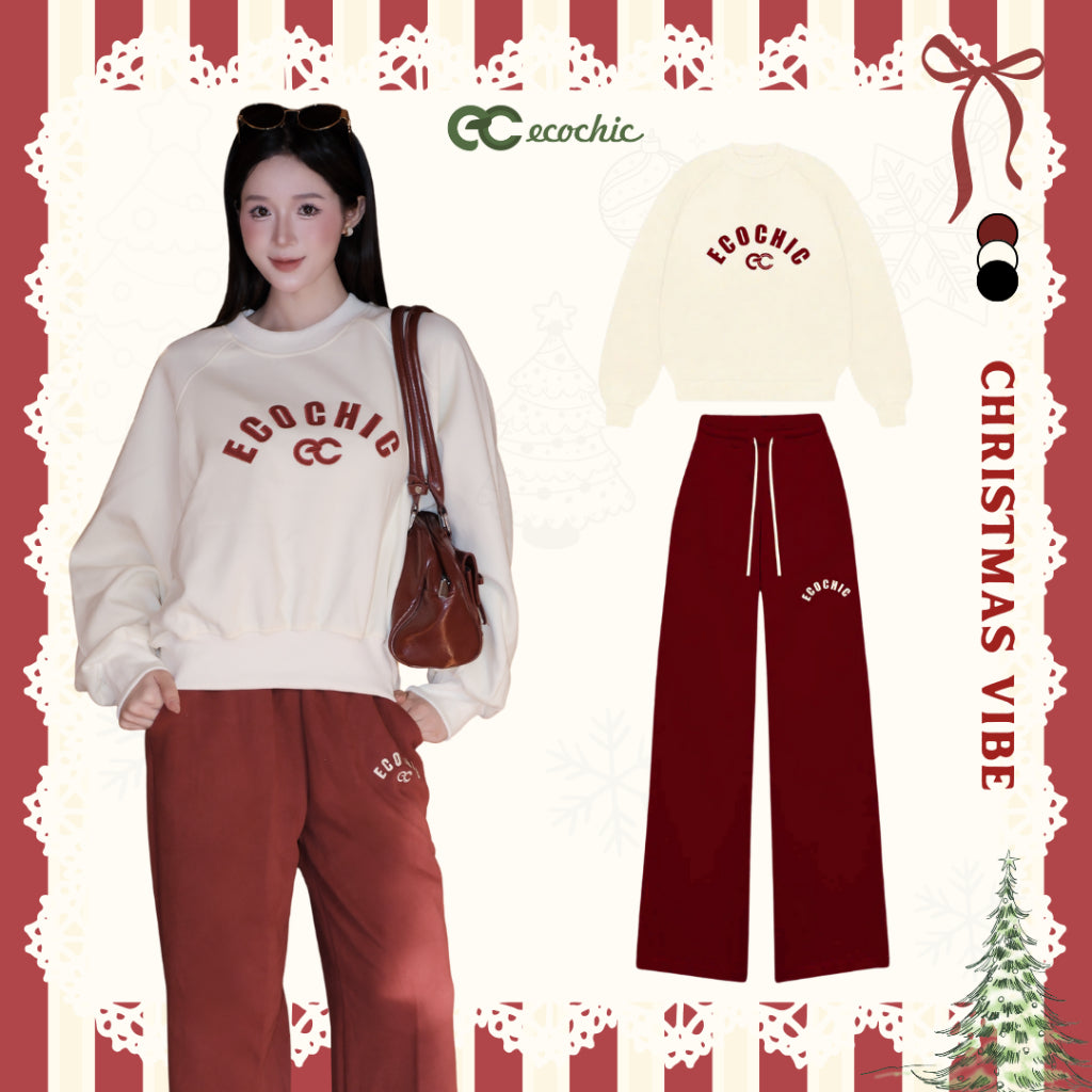 (LINK SALE) Set Bộ ECOCHIC SILENT LUXE Áo Sweater Quần Suông Phối Logo Chất Liệu Nỉ Hai Da Cao Cấp Chính Hãng B185