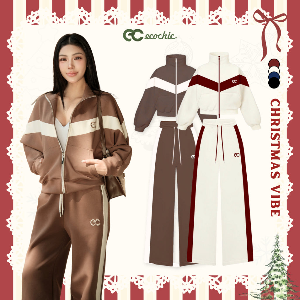 Set Bộ Nỉ Mịn ECOCHIC Áo Phối Line Trước Ngực Quần Suông Phối Viền Trắng Cao Cấp Chính Hãng HNH B203