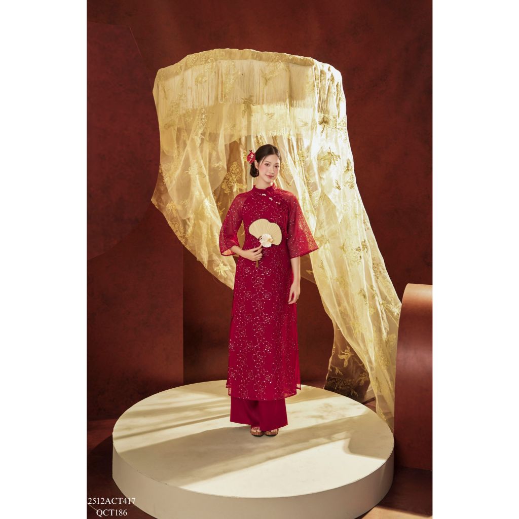 Traditional Tet Ao Dai dress with ruffled collar and hem (Pants not included) 2512ACT417