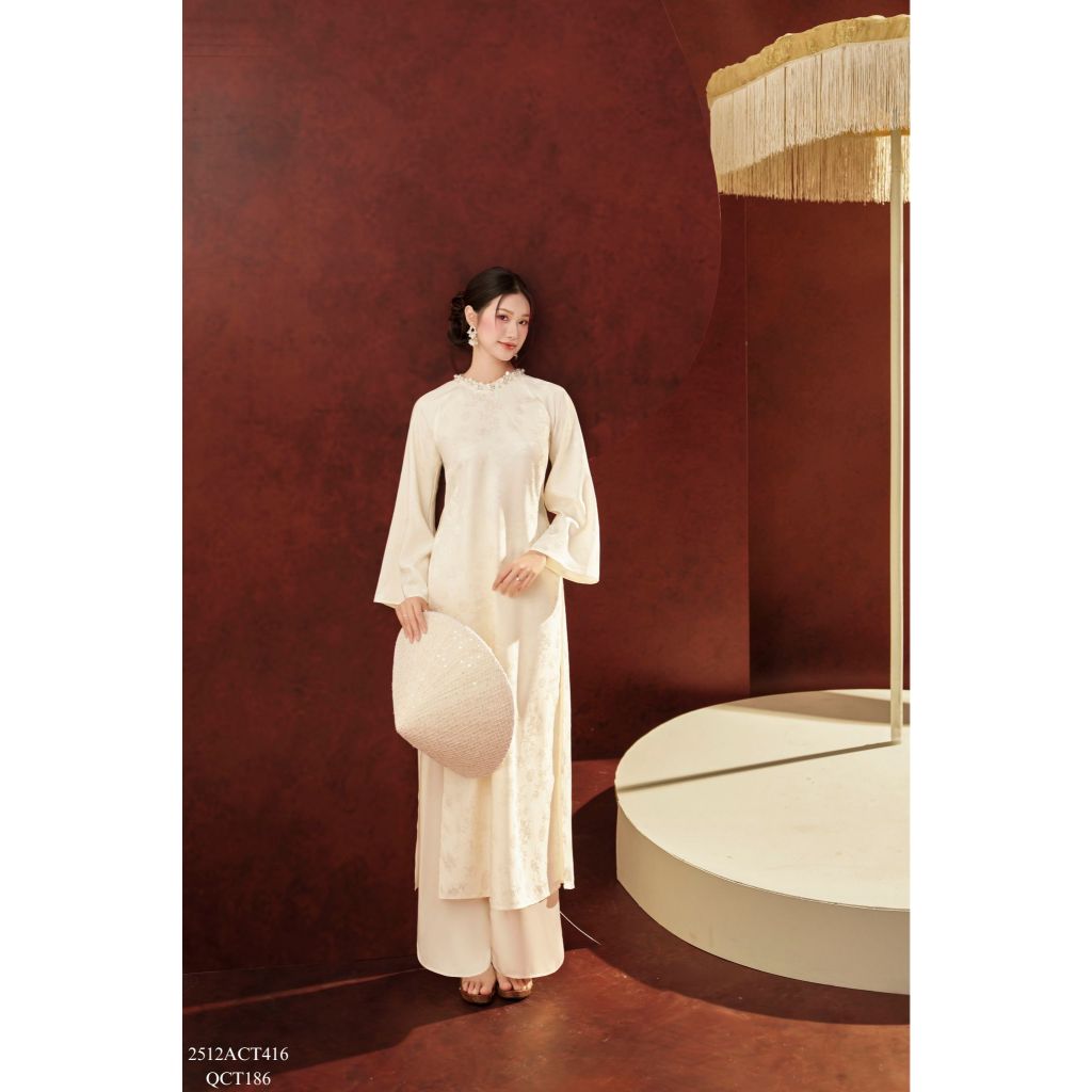Traditional Tet Ao Dai dress with round neckline and decorative trim (Pants not included) 2512ACT416