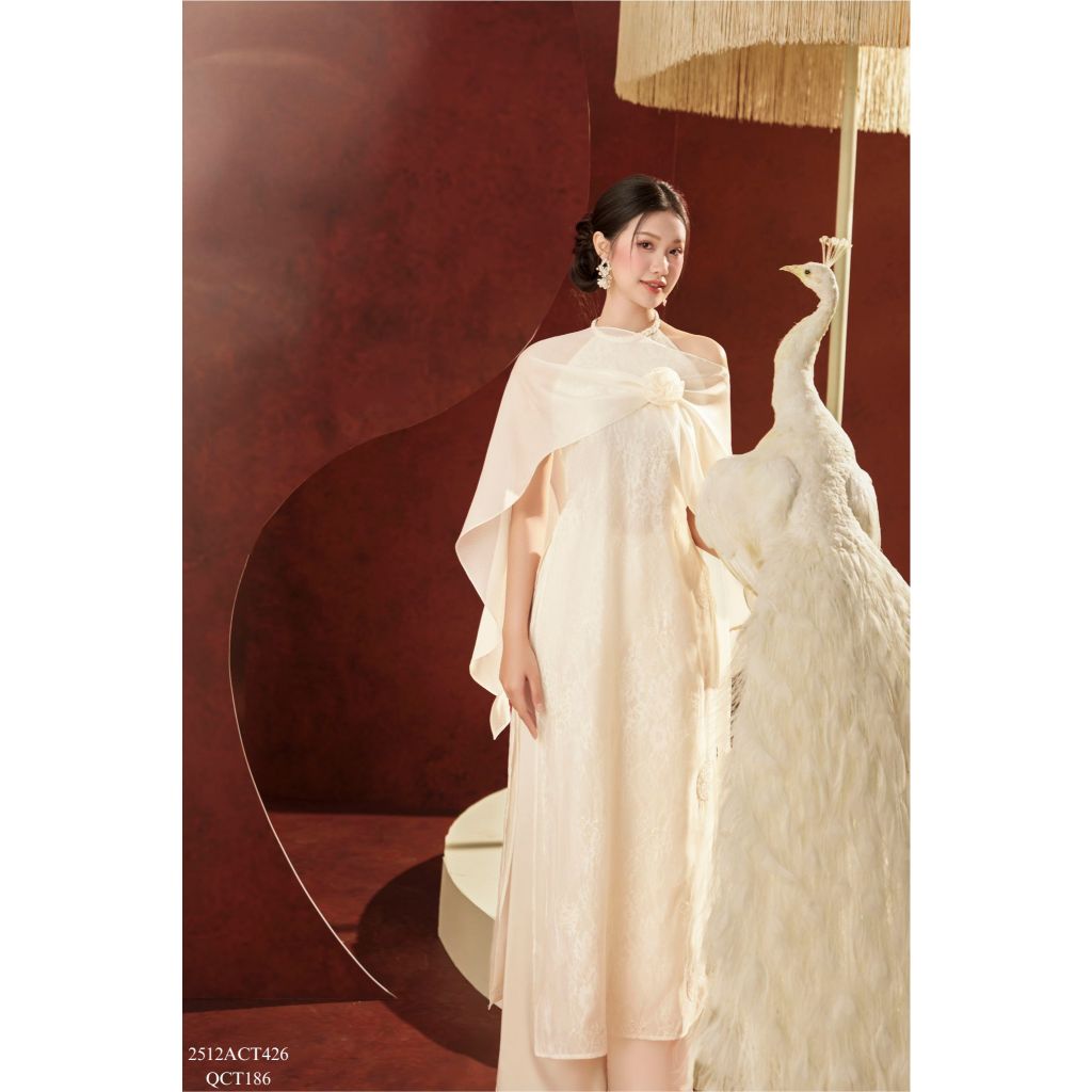 Tet Ao Dai dress with halter neckline, braided straps, and matching shawl 2512ACT426