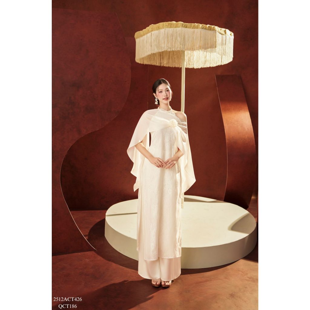 Tet Ao Dai dress with halter neckline, braided straps, and matching shawl 2512ACT426