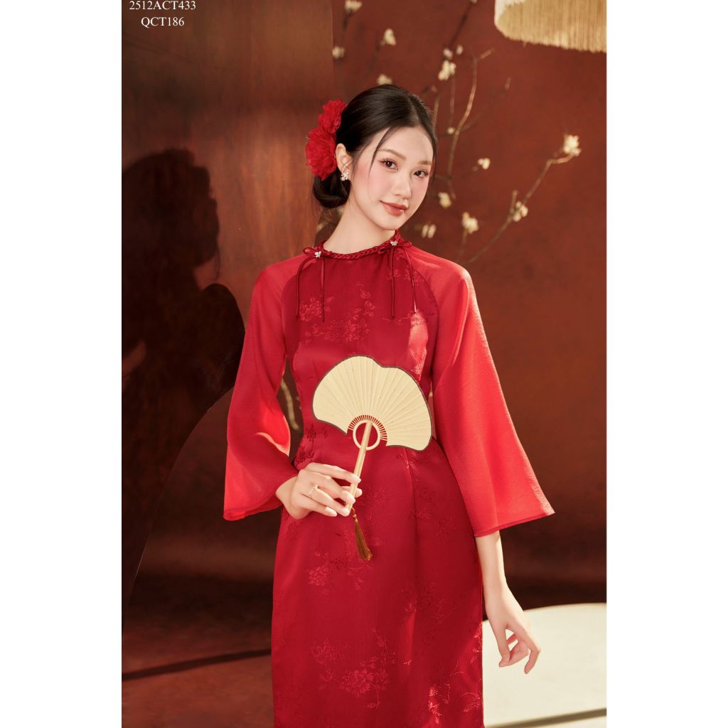 Traditional Tet Ao Dai dress with round neckline and bow embellishment (Pants not included) 2512ACT433