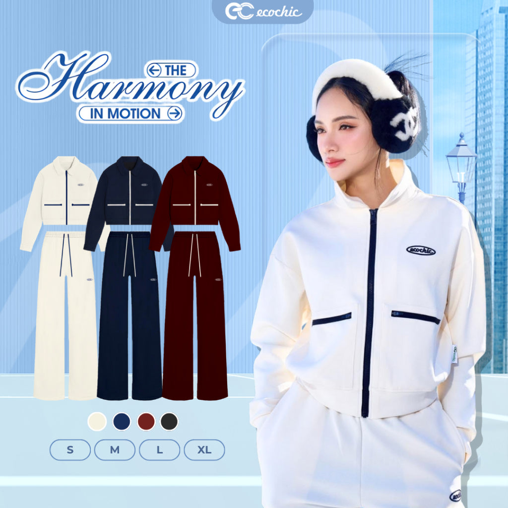 Set Bộ ECOCHIC BOLD EASE Áo Crop Cổ Bẻ Khoá Zip Phối Viền Quần Suông Chất Liệu Cao Cấp Chính Hãng HNH B206