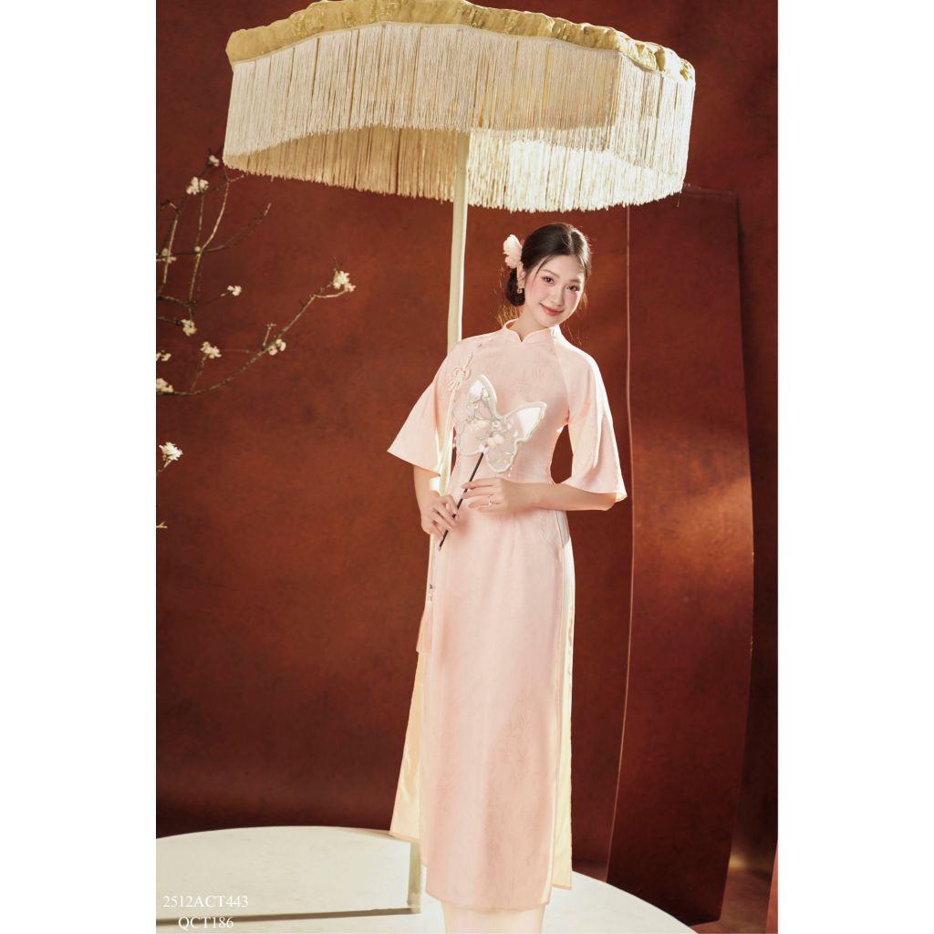 Traditional Tet Ao Dai dress with mandarin collar, fitted silhouette, and elbow-length sleeves (Pants not included) 2512ACT443