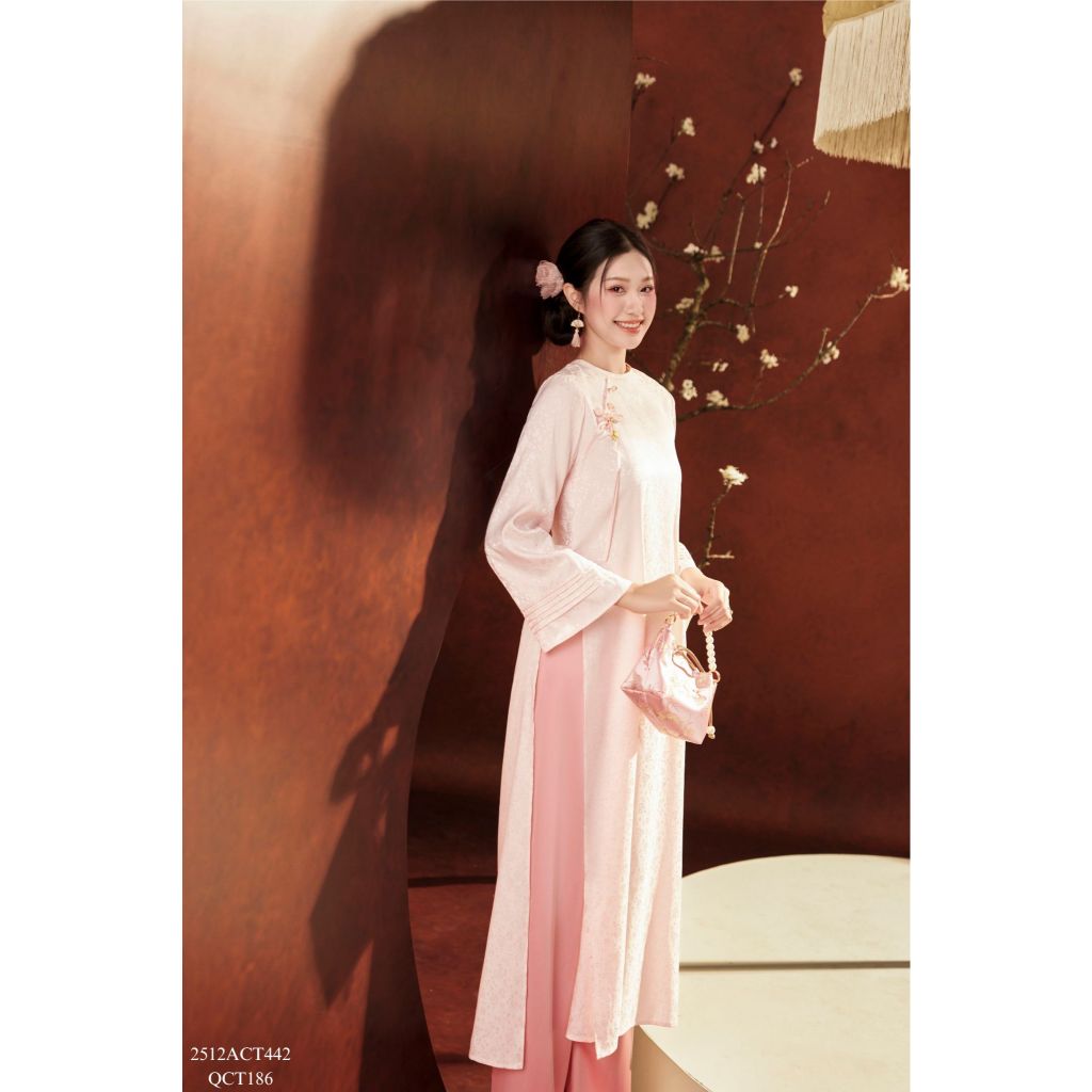 Traditional Tet Ao Dai dress with round neck and flared sleeves (Pants not included) 2512ACT442