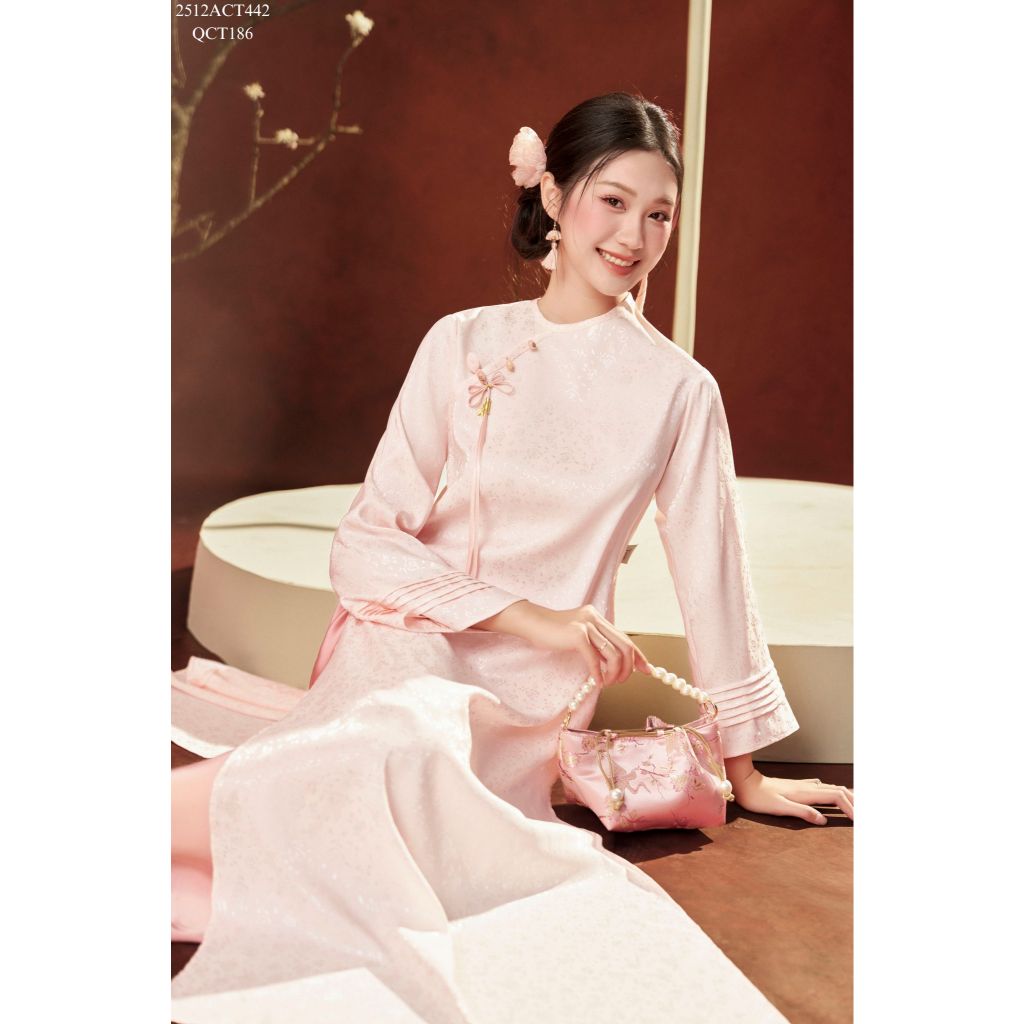 Traditional Tet Ao Dai dress with round neck and flared sleeves (Pants not included) 2512ACT442