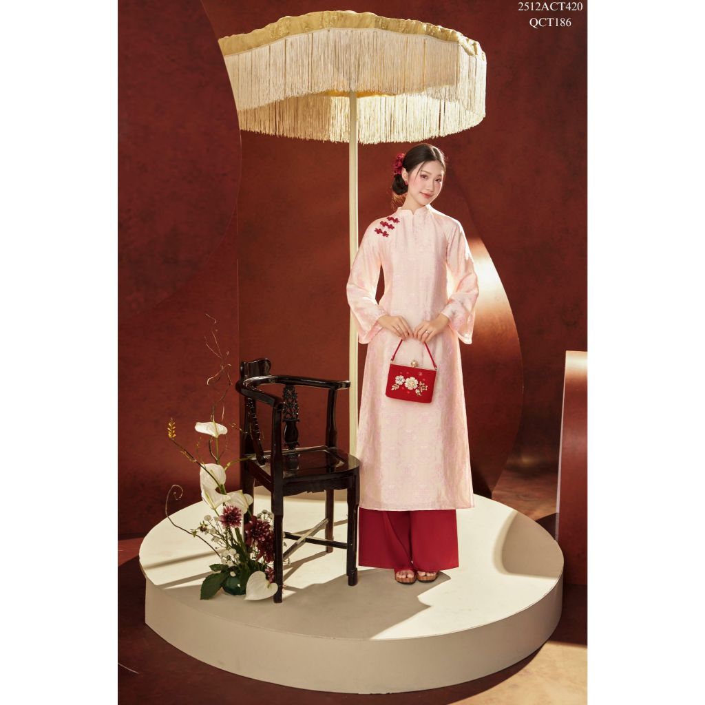 Traditional Tet Ao Dai dress with mandarin collar and three delicate embellishments 2512ACT420