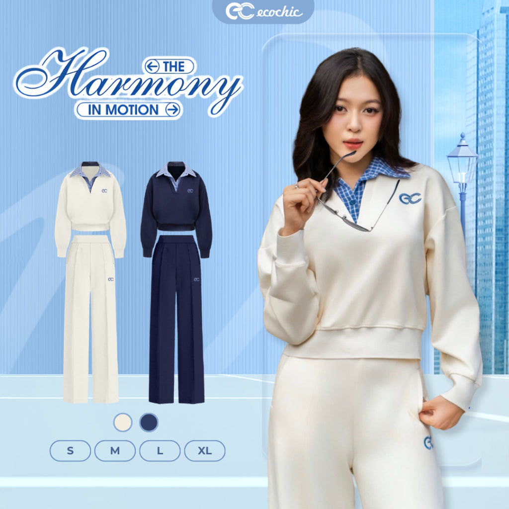 ECOCHIC MOTION TRACK Set: Polo V-Neck Shirt with Plaid Shirt and Wide-Leg Pants, Premium Official B202