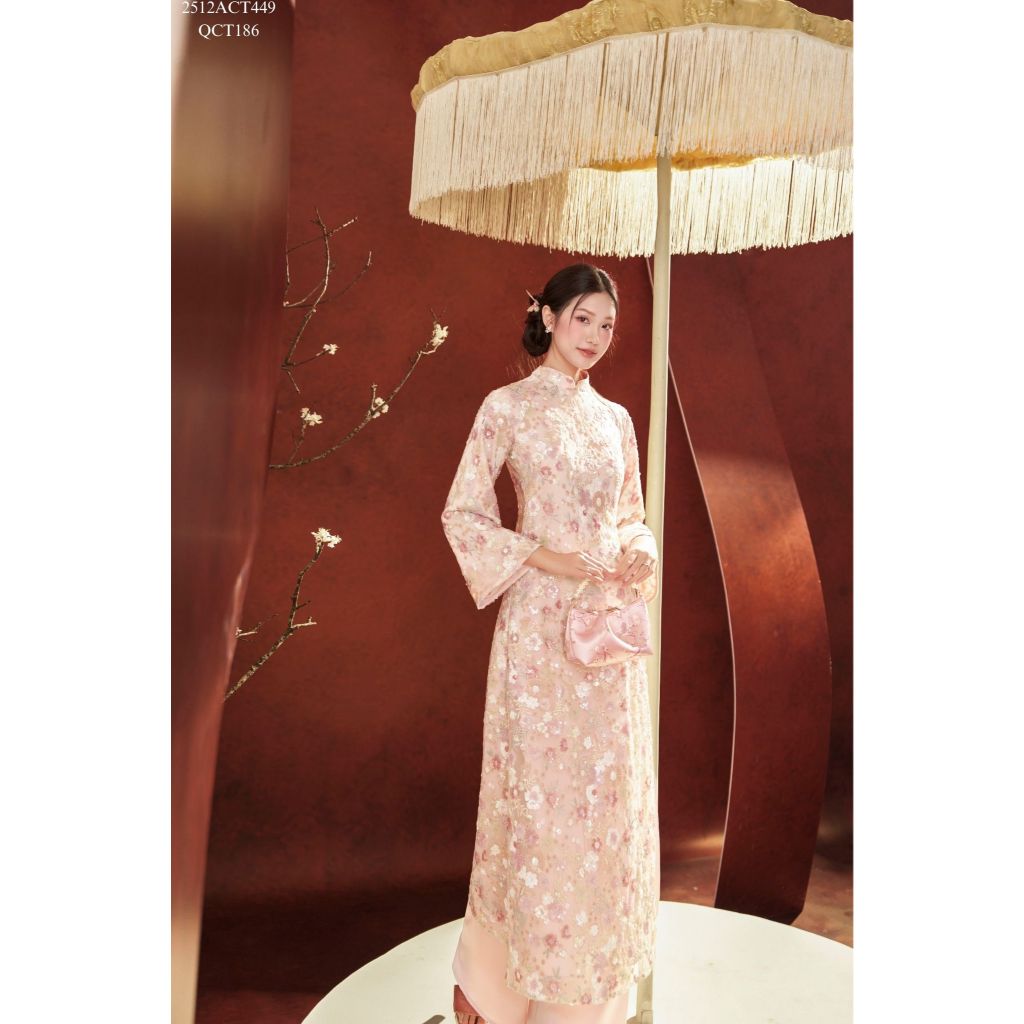 Traditional Tet Ao Dai dress with gold sequin design, mandarin collar, and four panels (Pants not included) 2512ACT449
