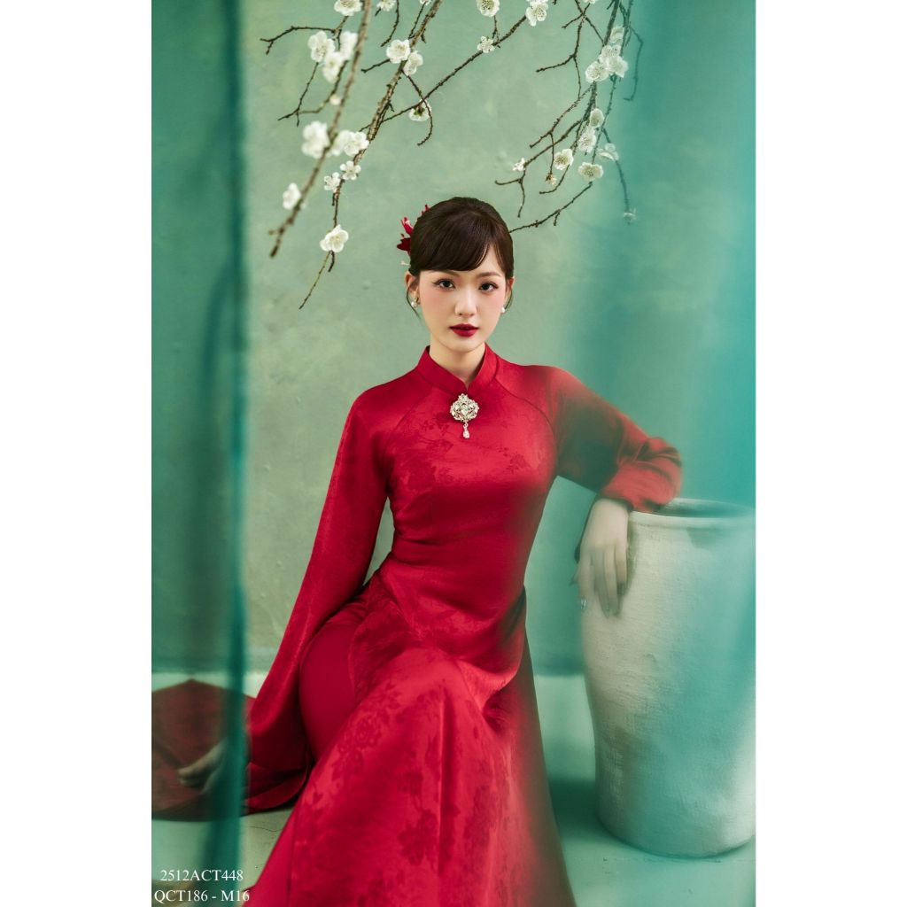 Traditional Tet Ao Dai dress with long flared sleeves and charm (Pants not included) 2512ACT448