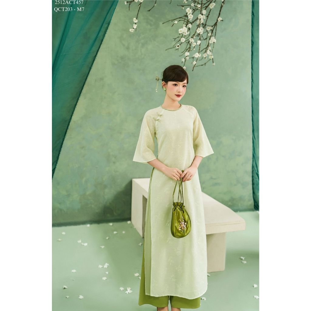 Traditional Tet Ao Dai dress with round neckline and bow embellishment (Pants not included) 2512ACT457