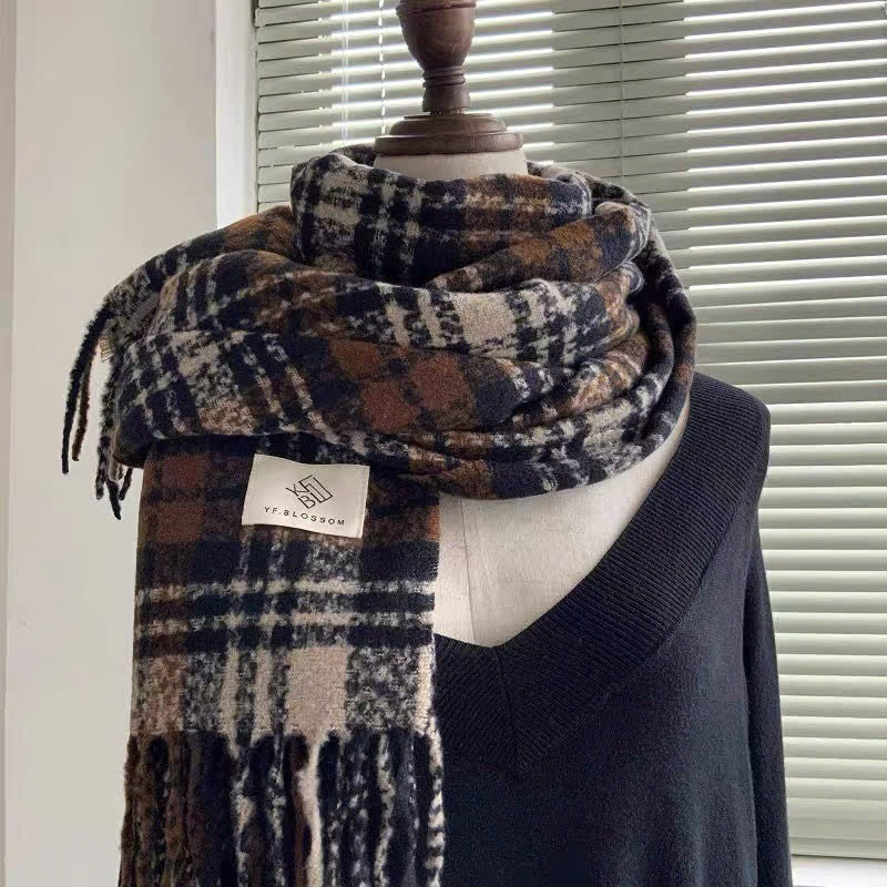 Khăn len quàng cổ ấm áp mùa đông kẻ caro phong cách vitage kiểu Hàn Quốc chất liệu len lông cừu A977