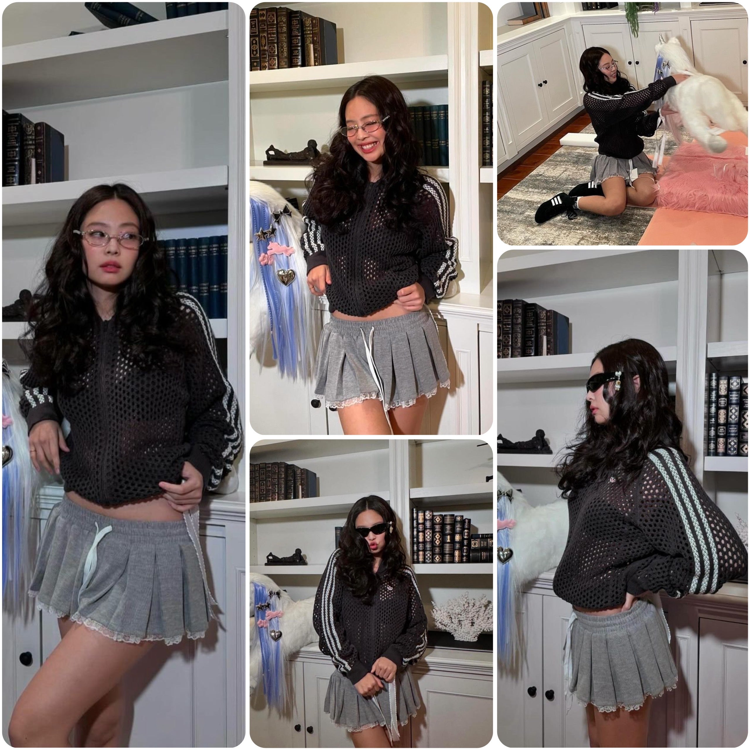 Set Jennie Calos Gray Sports Crochet Hoodie + Gray Pleated Miniskirt B24031396 LSEOUL 