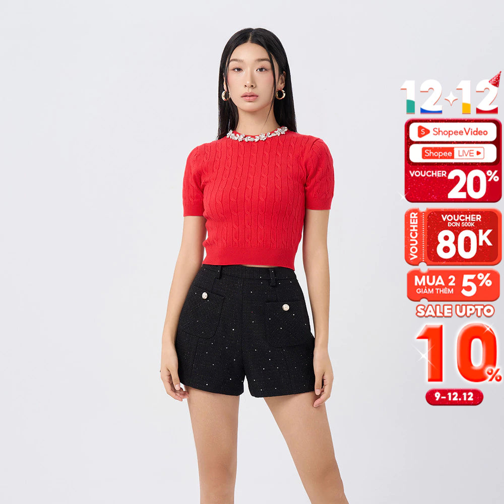 RECHIC Quần short Clyde lưng cao chất tweed sang trọng thanh lịch cao cấp